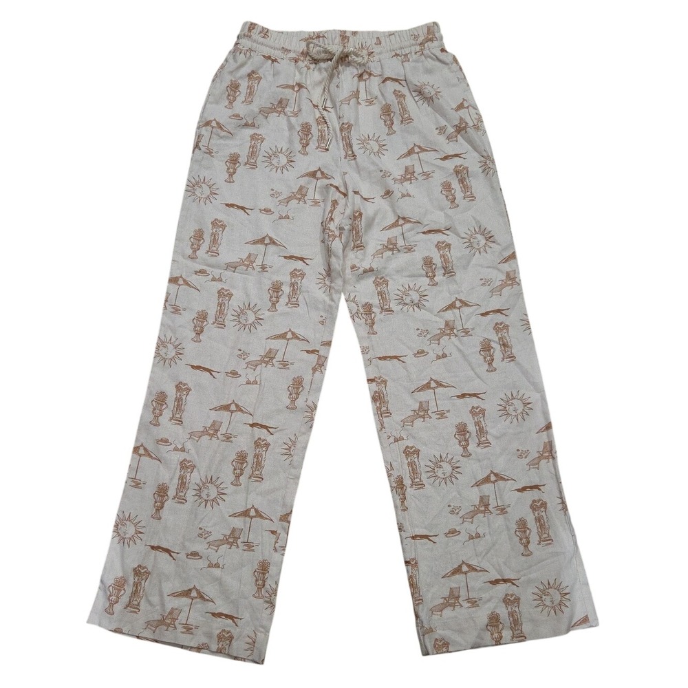 Maison D'amelie Coastal Linen Sun Beach Print Wide Pants Medium Pull On Light